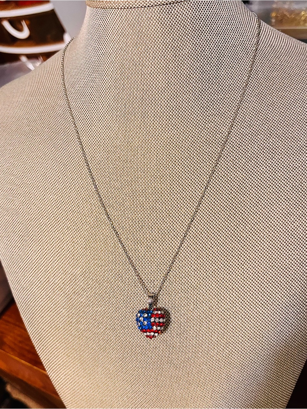 Patriotic Heart Pendant Necklace - Silver with Red & Blue Crystals